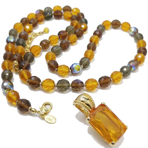 Joan Rivers Long Beaded Necklace Amber Crystal Pendant Gold Tone 38” Vintage - Picture 2 of 10